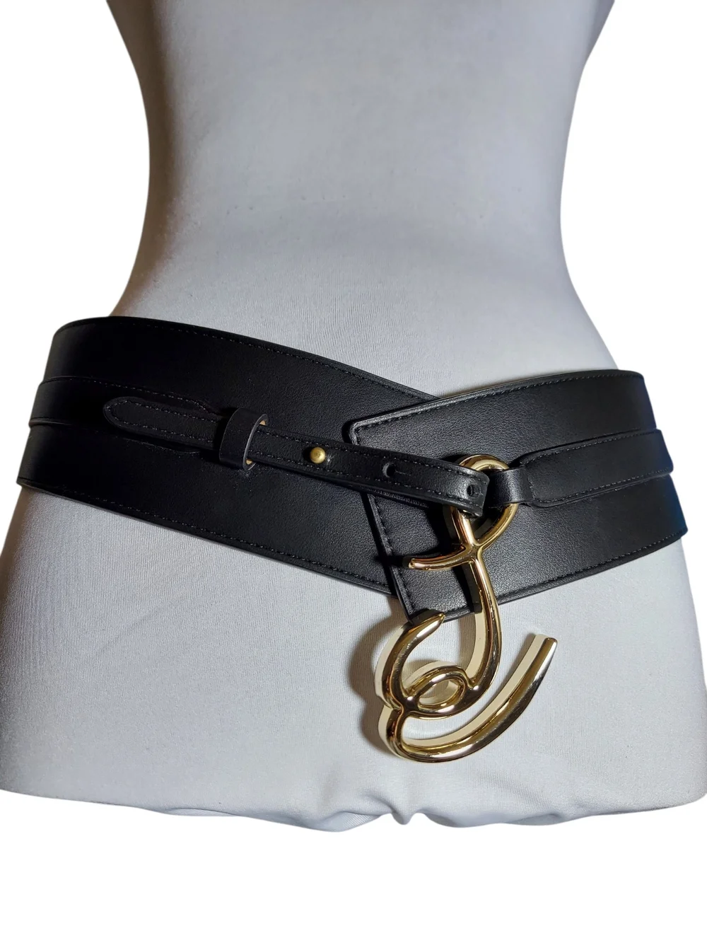 Sam Edelman Black Leather Wide Wrap Waist Belt Gold Logo Buckle Size S NWT